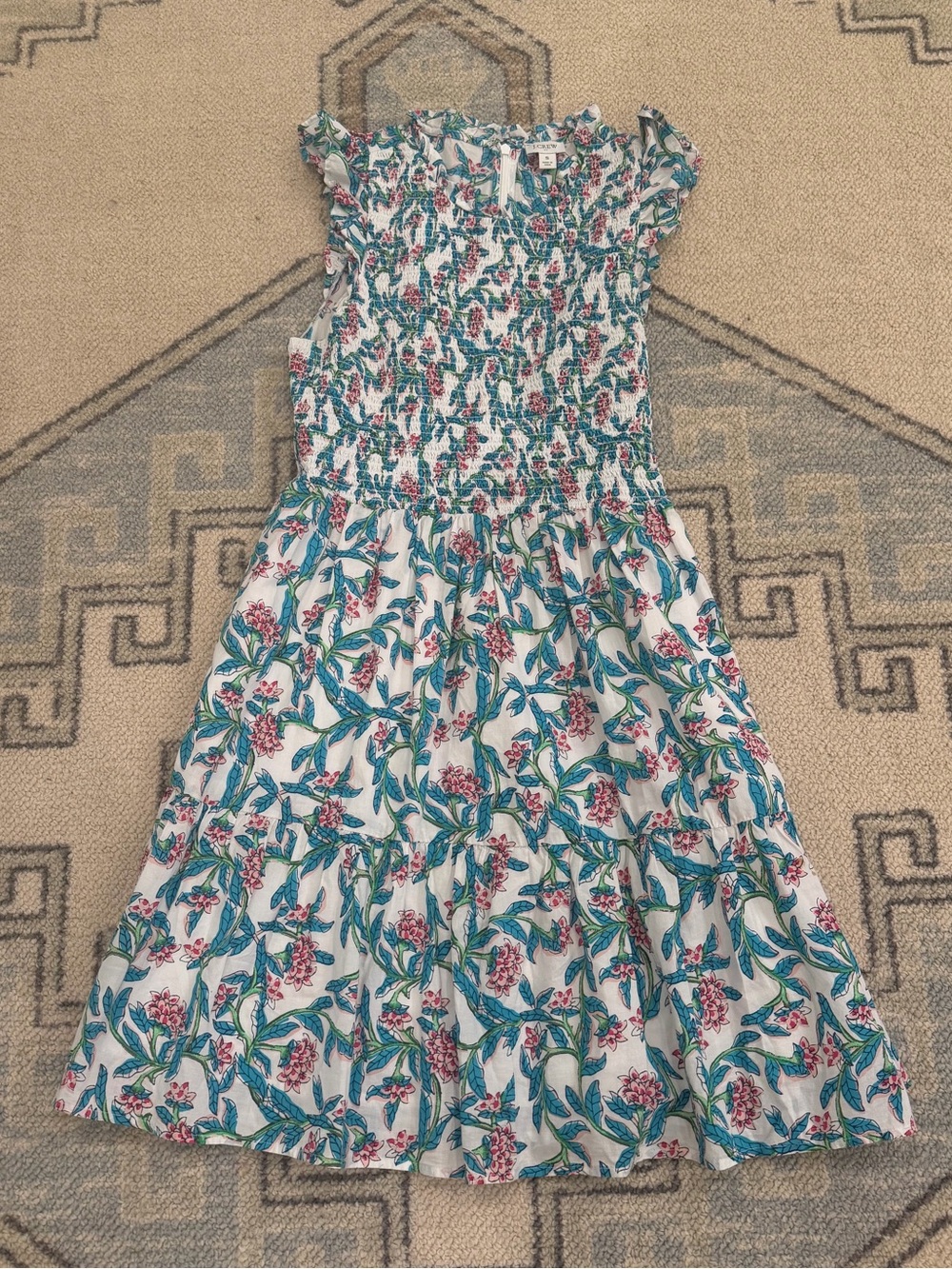 J. Crew White Midi Dress with Teal & Pink Floral Print